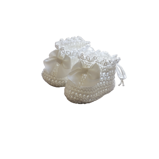 White Hand Crocheted Baby Booties with White Satin Ribbon