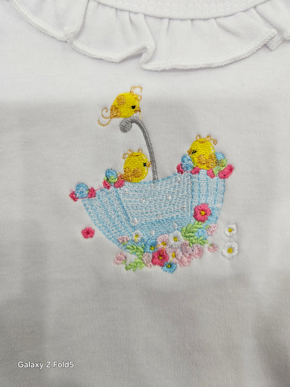 White Ruffled Sleep Gown with Embroidered Umbrella & Baby Chicks