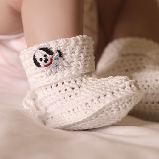 White Hand Crocheted Baby Booties with Dog Applique