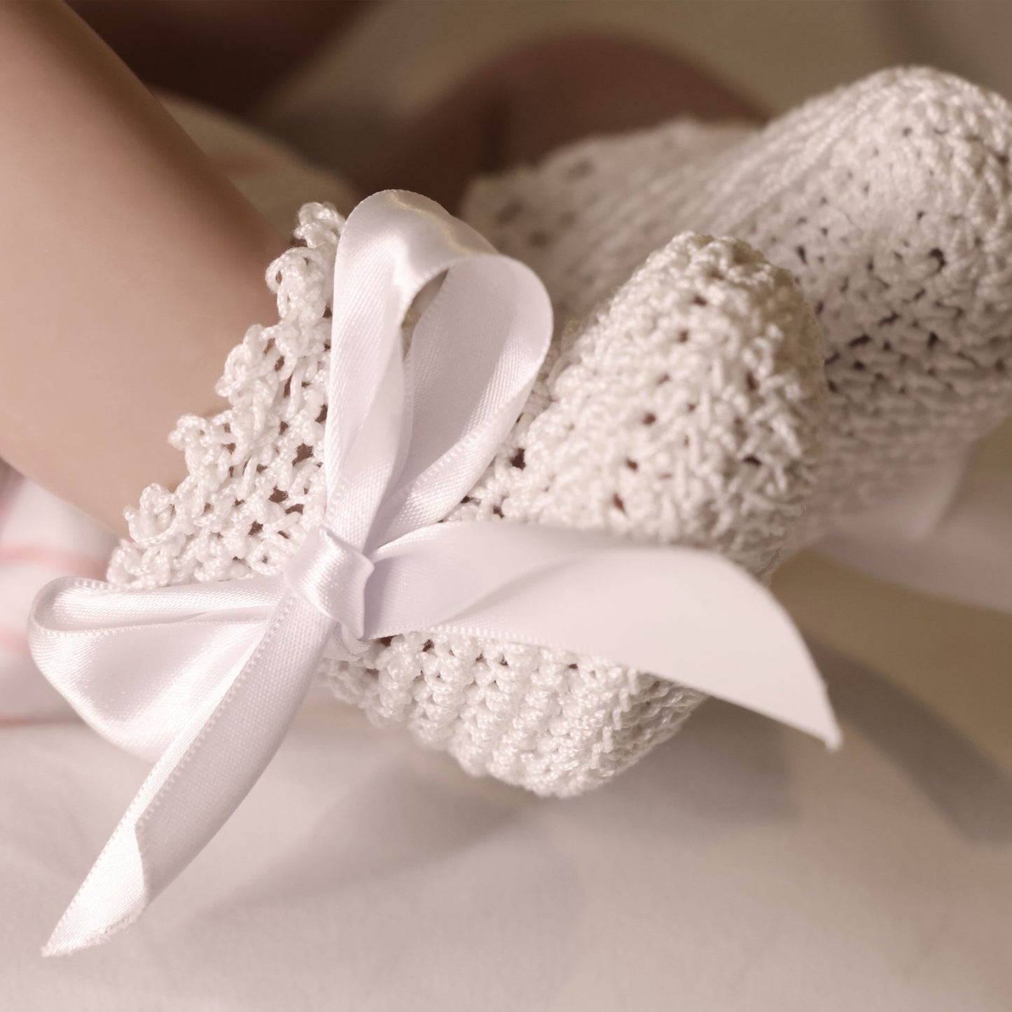 White Hand Crocheted Baby Booties with White Satin Ribbon