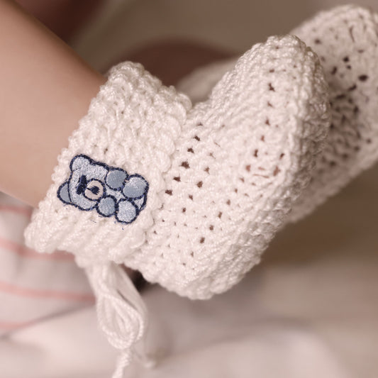 White Hand Crocheted Baby Booties with Blue Dog Applique