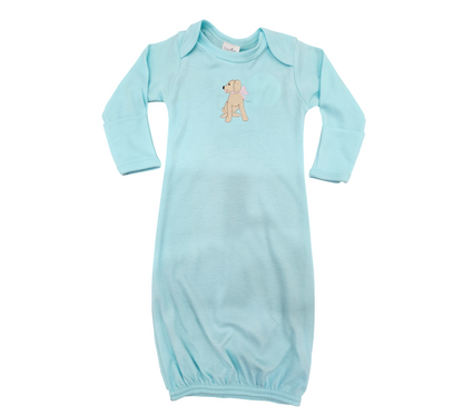 Aqua Sleep Gown with Embroidered Dog, Pink Bow