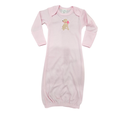 Baby Pink Sleep Gown with Embroidered Dog & Pink Bow