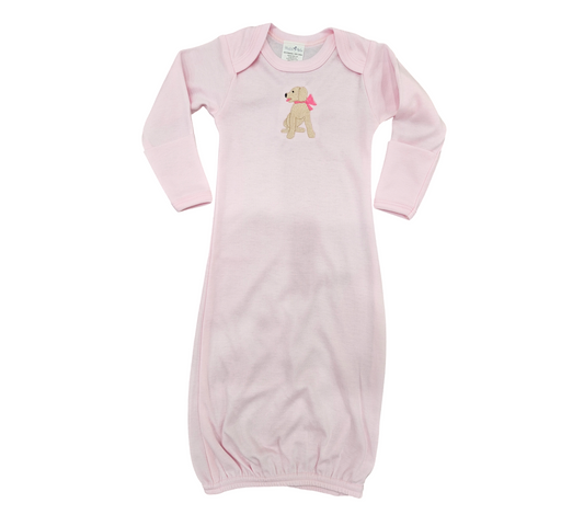 Baby Pink Sleep Gown with Embroidered Dog & Pink Bow