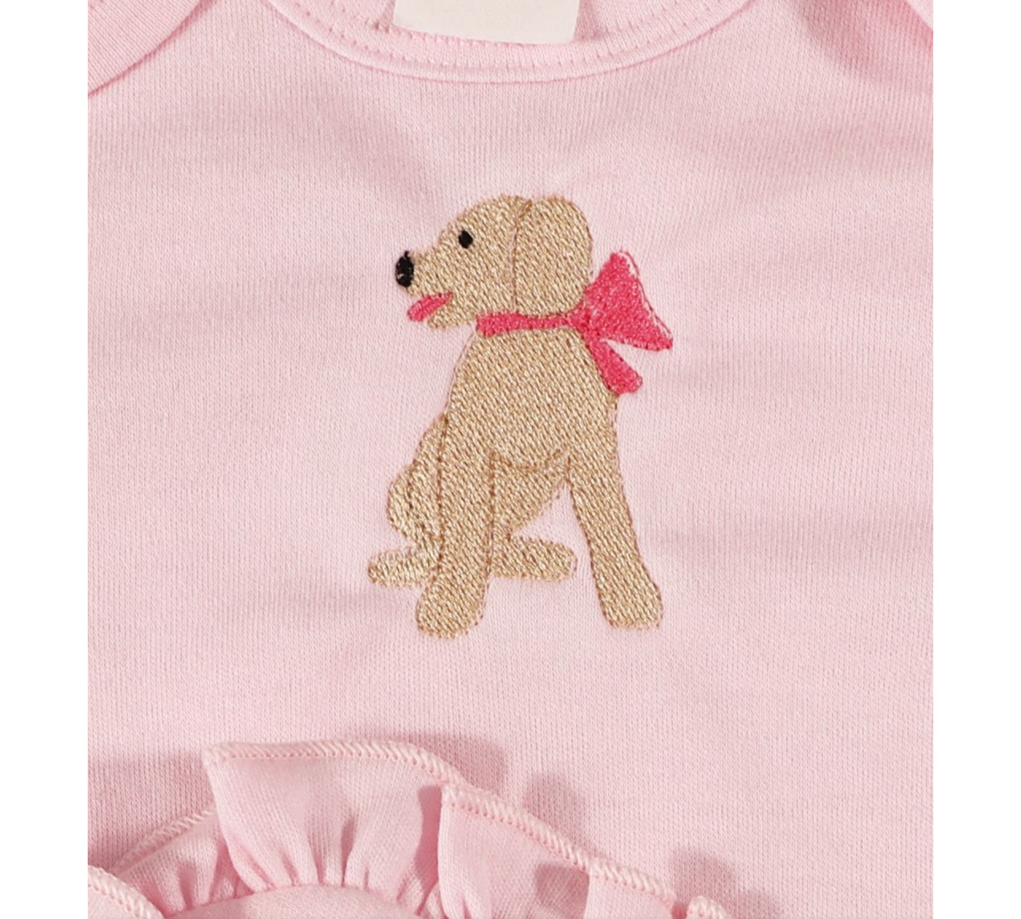 Baby Pink Ruffled Bib with Embroidered Dog & Pink Bow