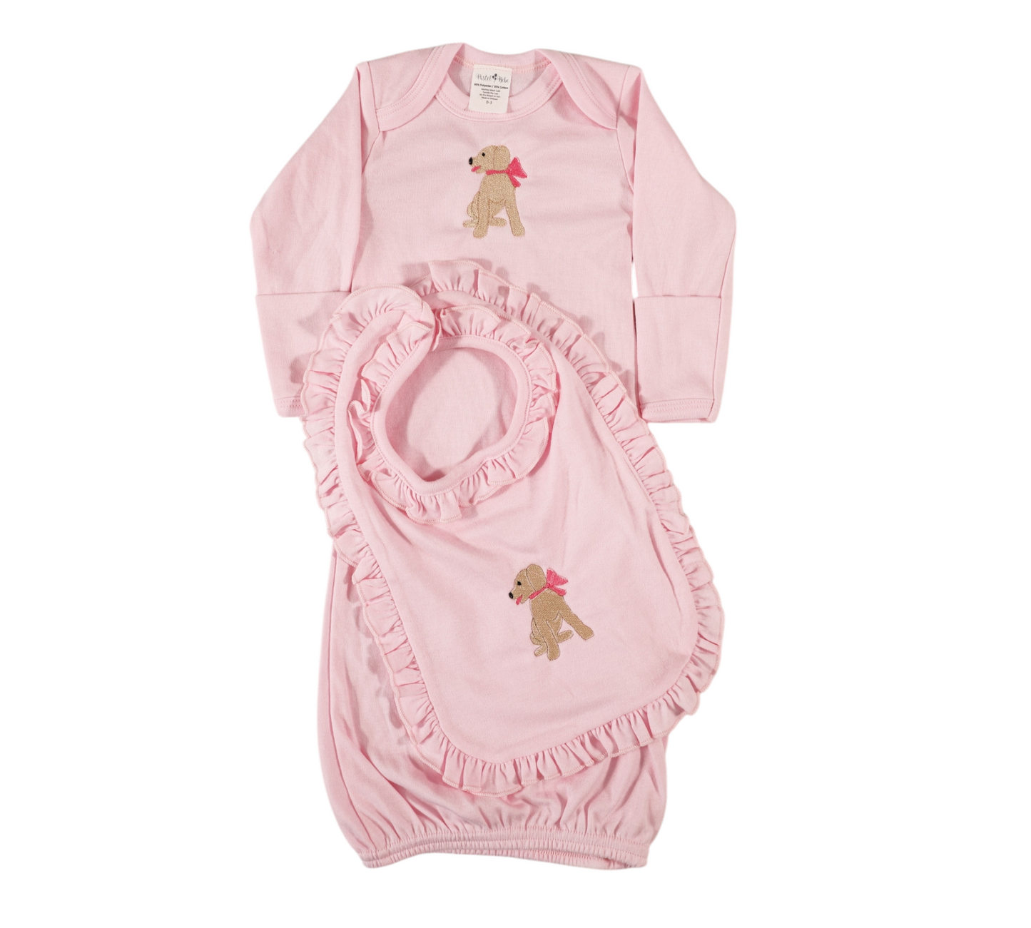 Baby Pink Ruffled Bib with Embroidered Dog & Pink Bow