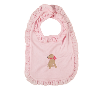 Baby Pink Ruffled Bib with Embroidered Dog & Pink Bow