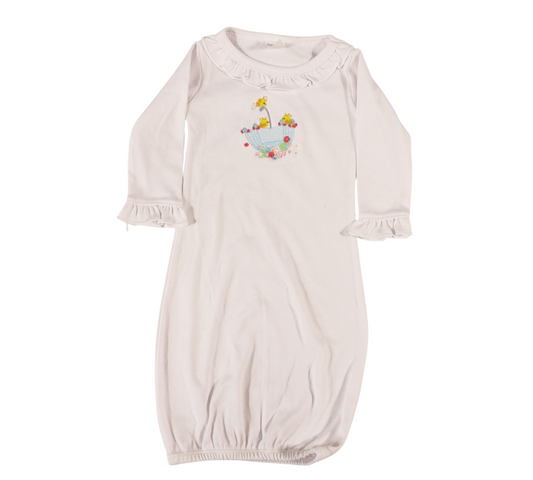 White Ruffled Sleep Gown with Embroidered Umbrella & Baby Chicks