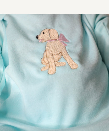 Aqua Sleep Gown with Embroidered Dog, Pink Bow